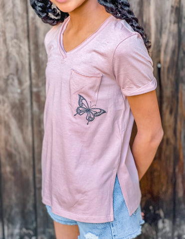 Butterfly Pocket Embroidery Slouchy Pocket Tee